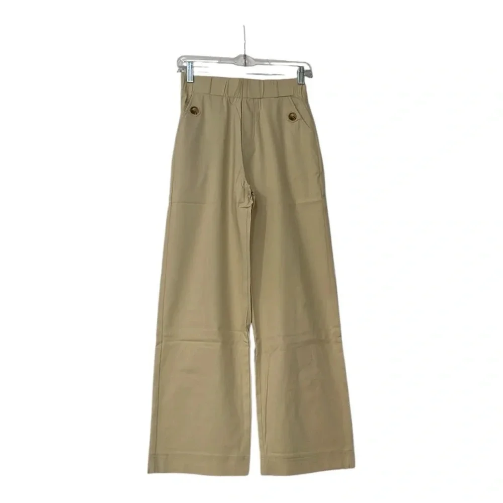 NWOT Wide Leg Cropped Khaki Tan Elastic Waist Pull On Casual Pants Size S - Picture 1 of 7
